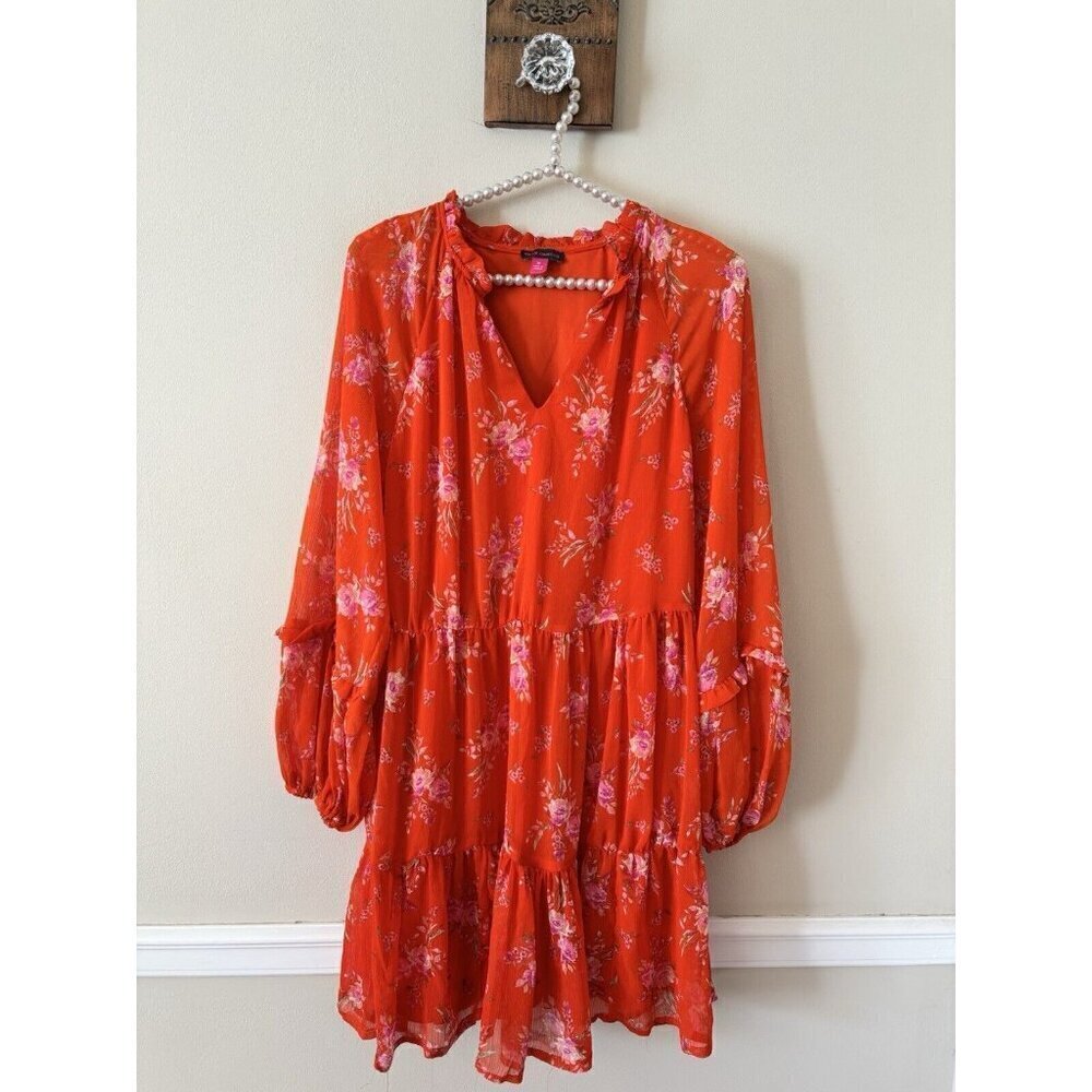 Vince Camuto Womens Size M Orange Floral Lined Long Sleeve Peasant Dress Boho